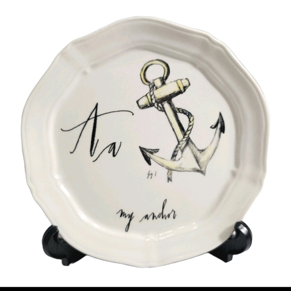 Linea Carta Anthropologie Letter  “A a”  Nautical Anchor Print Dessert Plate